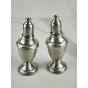 International Pewter Salt & Pepper Shakers 4 3/4" Glass Lined Eagle Mark x2